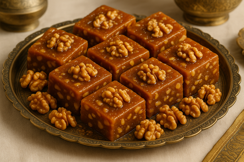 generate a realistic mage of double akhrot sohan halwa